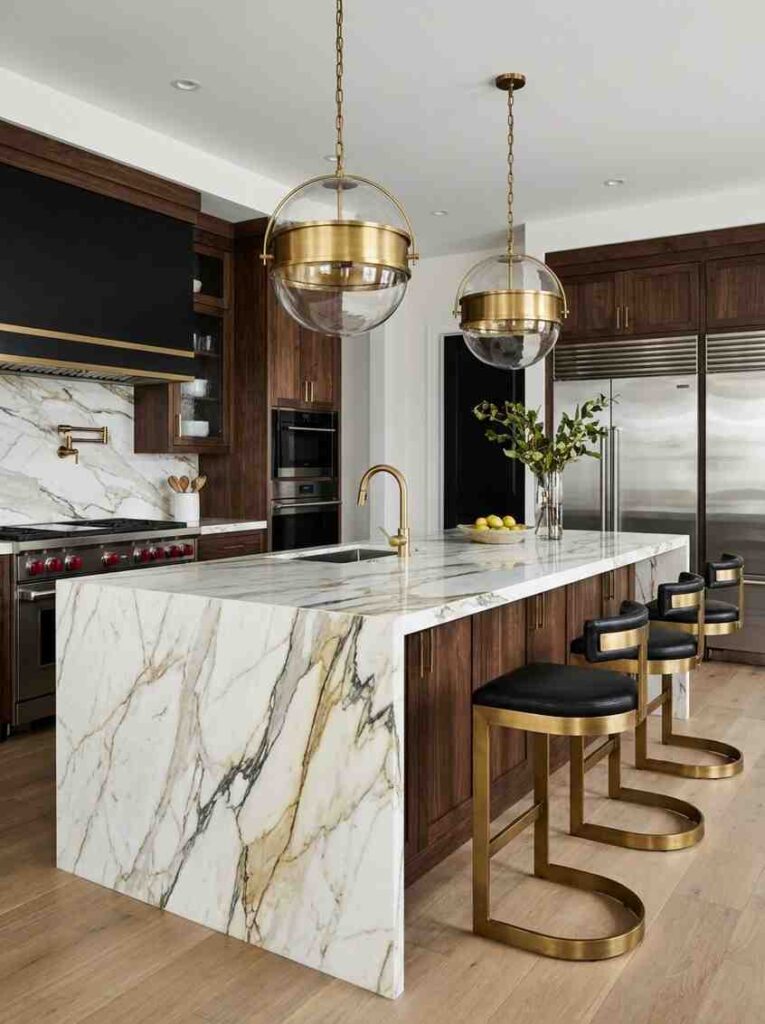 Kitchen Design Ideas 2026 Striking luxury kitchen island with dramatic waterfall countertop.