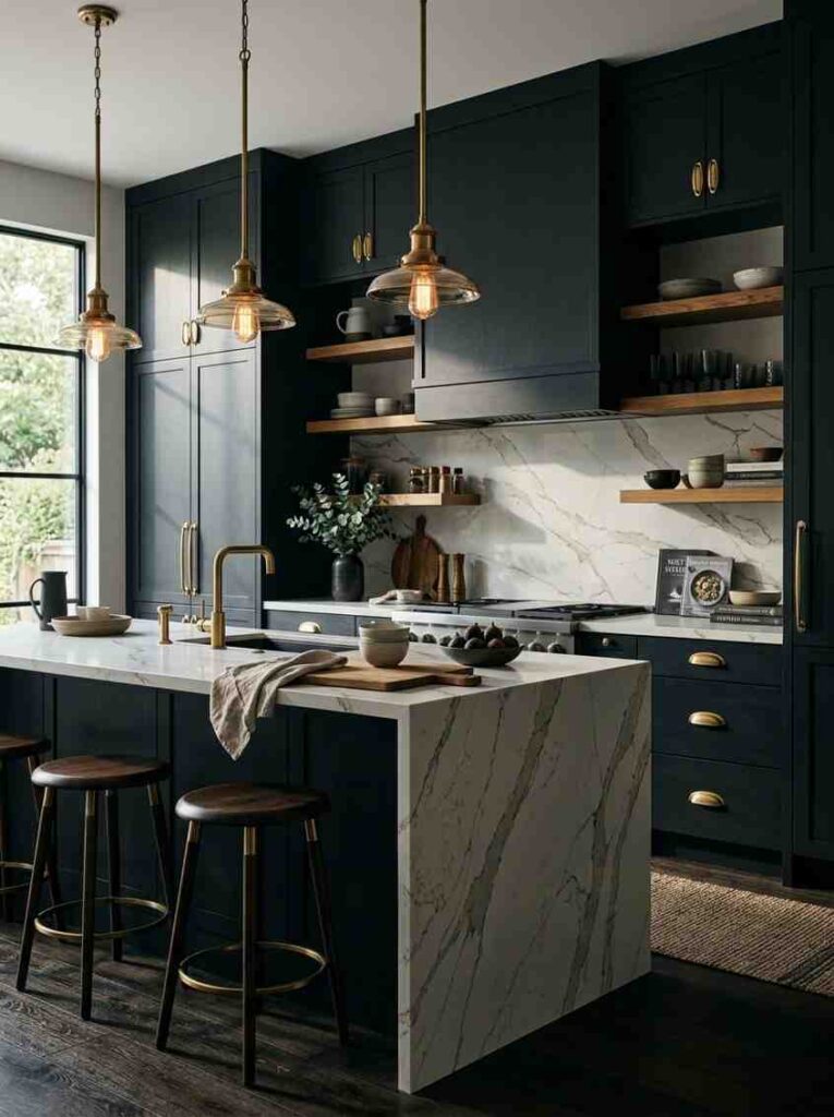 Kitchen Design Ideas 2026 Beautiful moody luxury kitchen with deep near-black sophisticated cabinetry