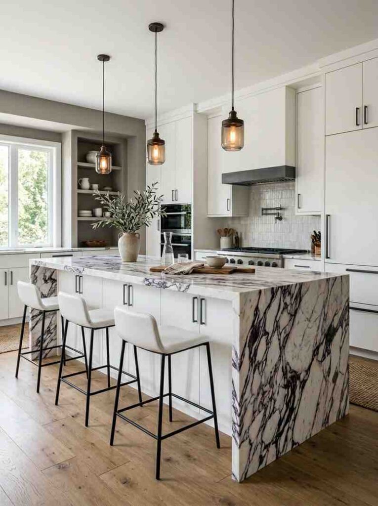 Calacatta Viola marble island luxury kitchen ideas
