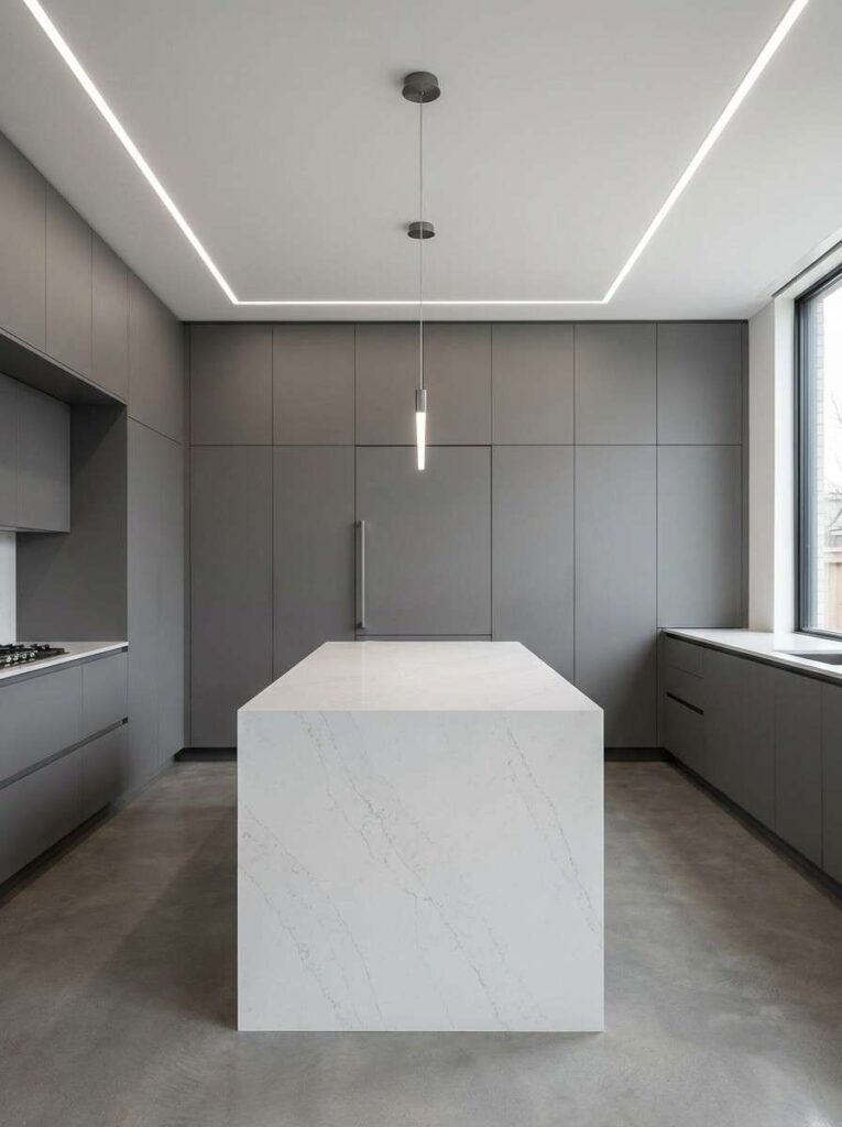 quiet luxury kitchen handleless cabinets Dekton island
