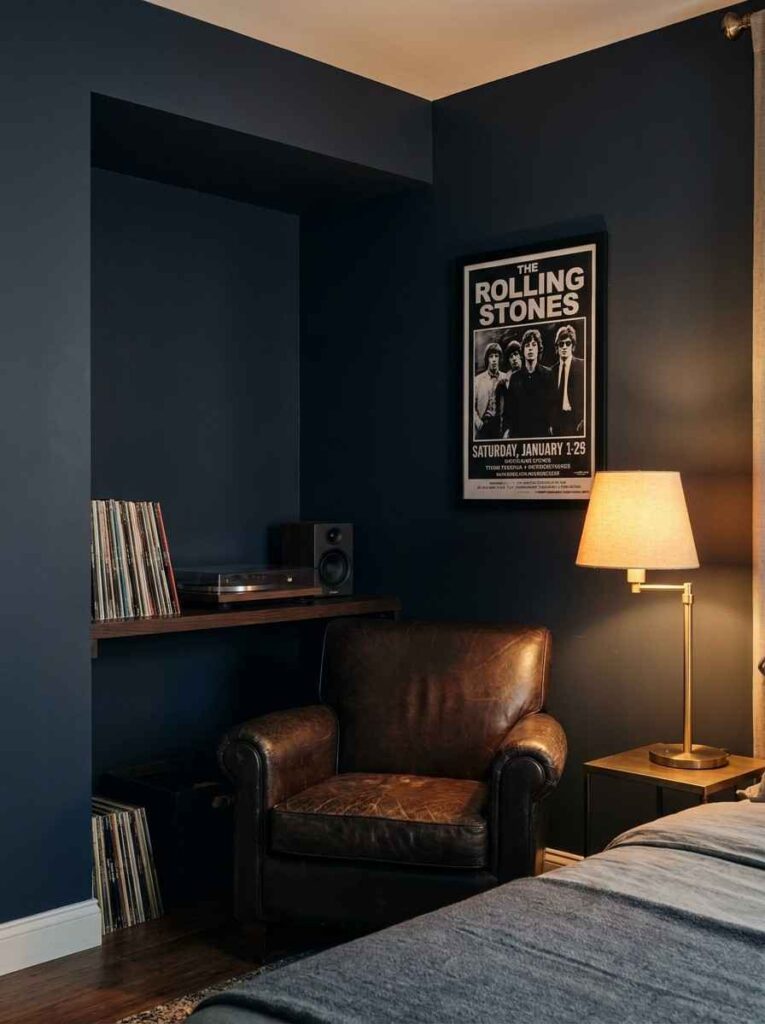 21 Small Bedroom Ideas 2026 Small bedroom man cave ideas: leather chair and vinyl shelf corner