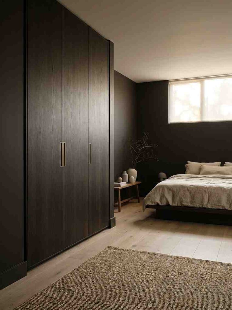 A master bedroom wardrobe in Dark Japandi style