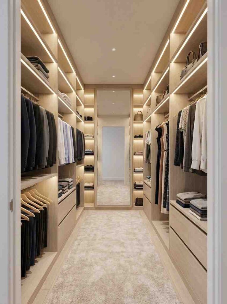 A wide walk-in master bedroom wardrobe split into two equal sides 