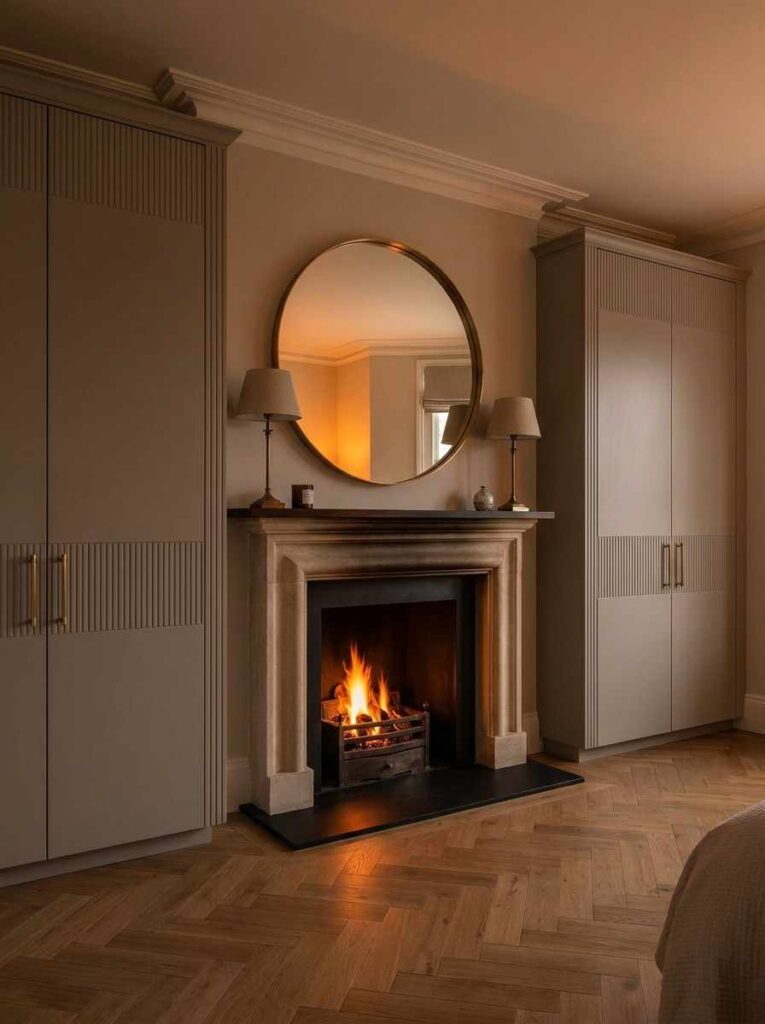 A master bedroom with a period fireplace flanked by two tall built-in wardrobe units. 