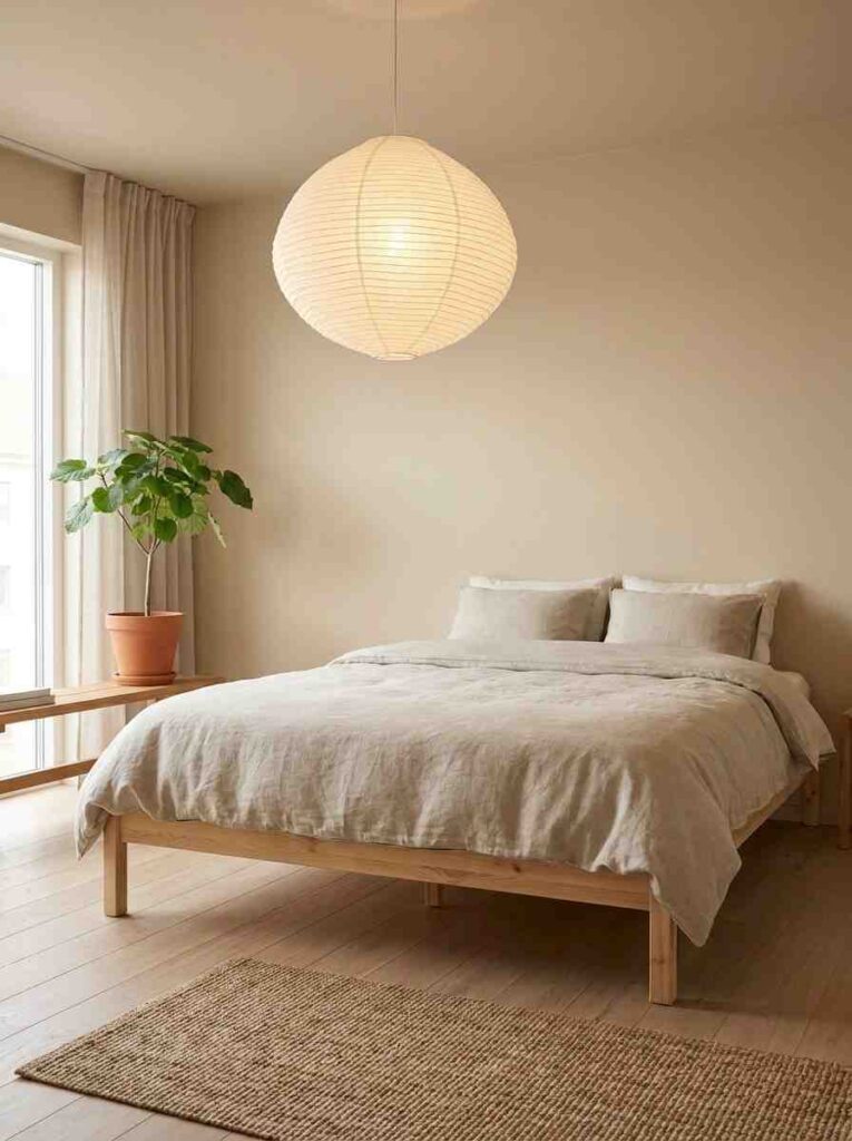 A minimal Japandi-style neutral bedroom with a low IKEA GJORA natural wood bed, 
