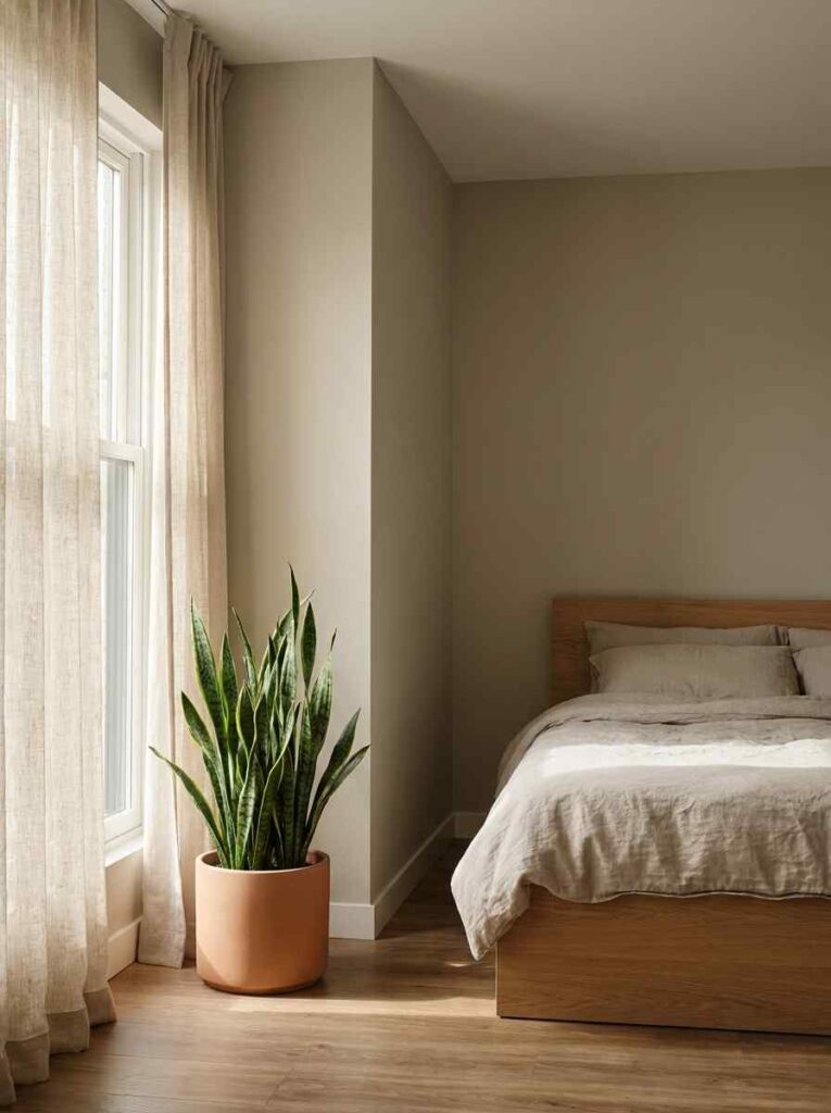  A minimal neutral bedroom with one large healthy snake plant in a matte 