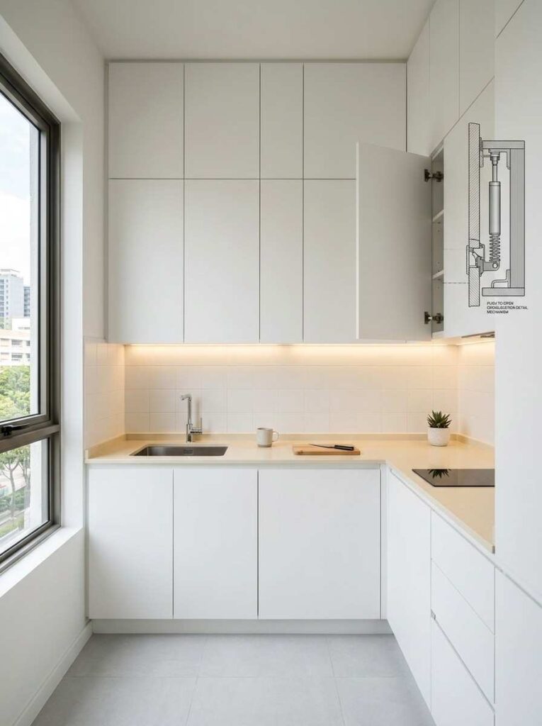 minimalist small kitchen ideas handleless cabinets Blum
