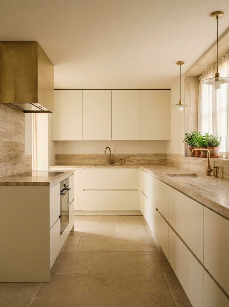 A warm minimalist kitchen with cream handleless flat-panel cabinets in Benjamin Moore White Dove, 