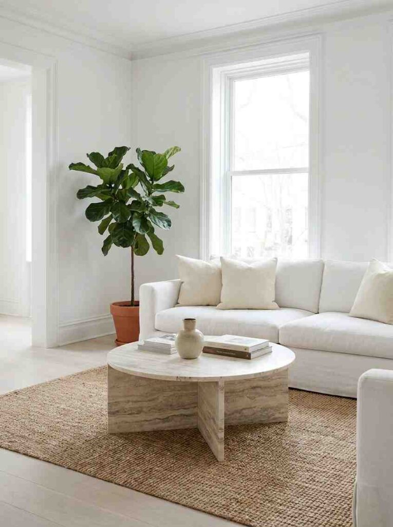 Minimalist white living room with a round honed travertine coffee table with visible natural veining, 