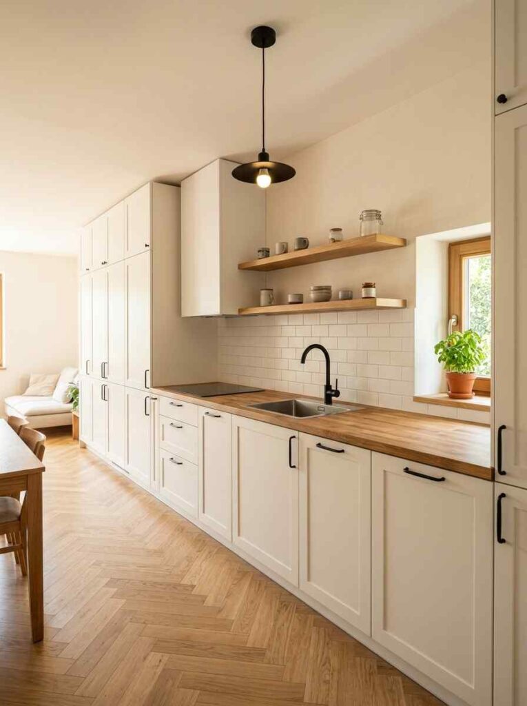 A bright modern single-wall apartment kitchen, 