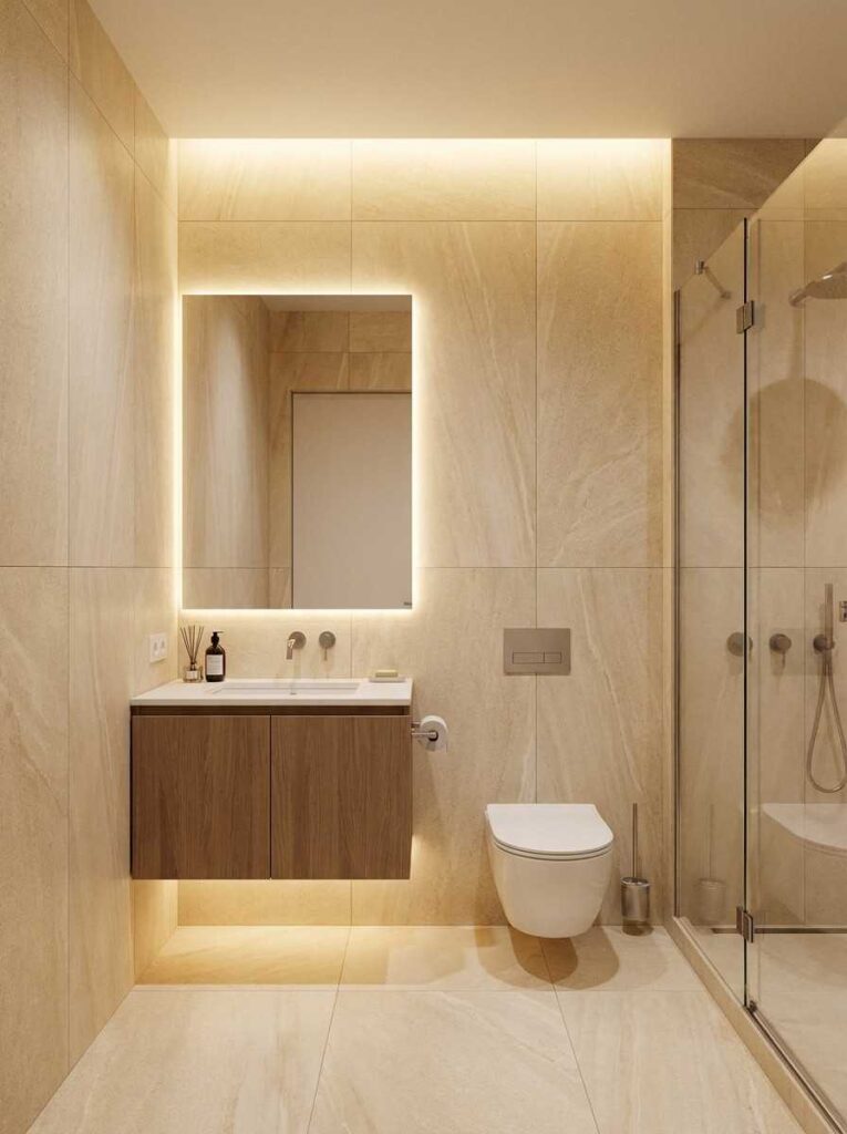 20 Bathroom Ideas 2026 A small modern bathroom with floor-to-ceiling large-format rectangular tiles in a warm cream and sand tone.