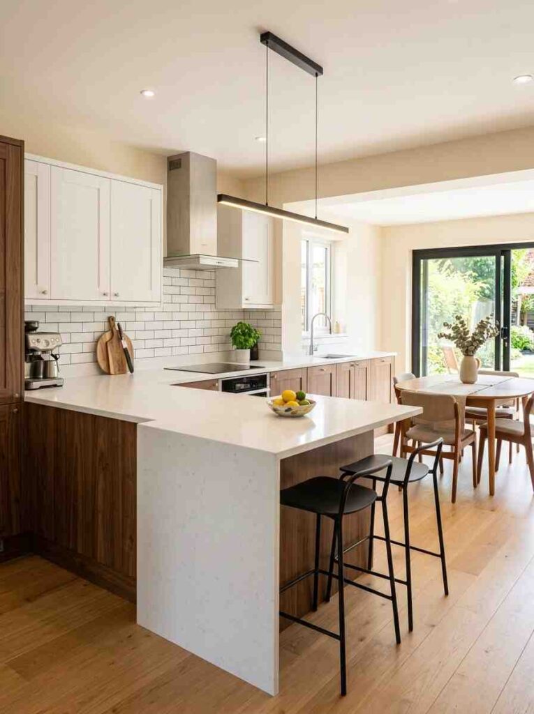 A small modern kitchen with a white peninsula extending from an L-shaped cabinet run,