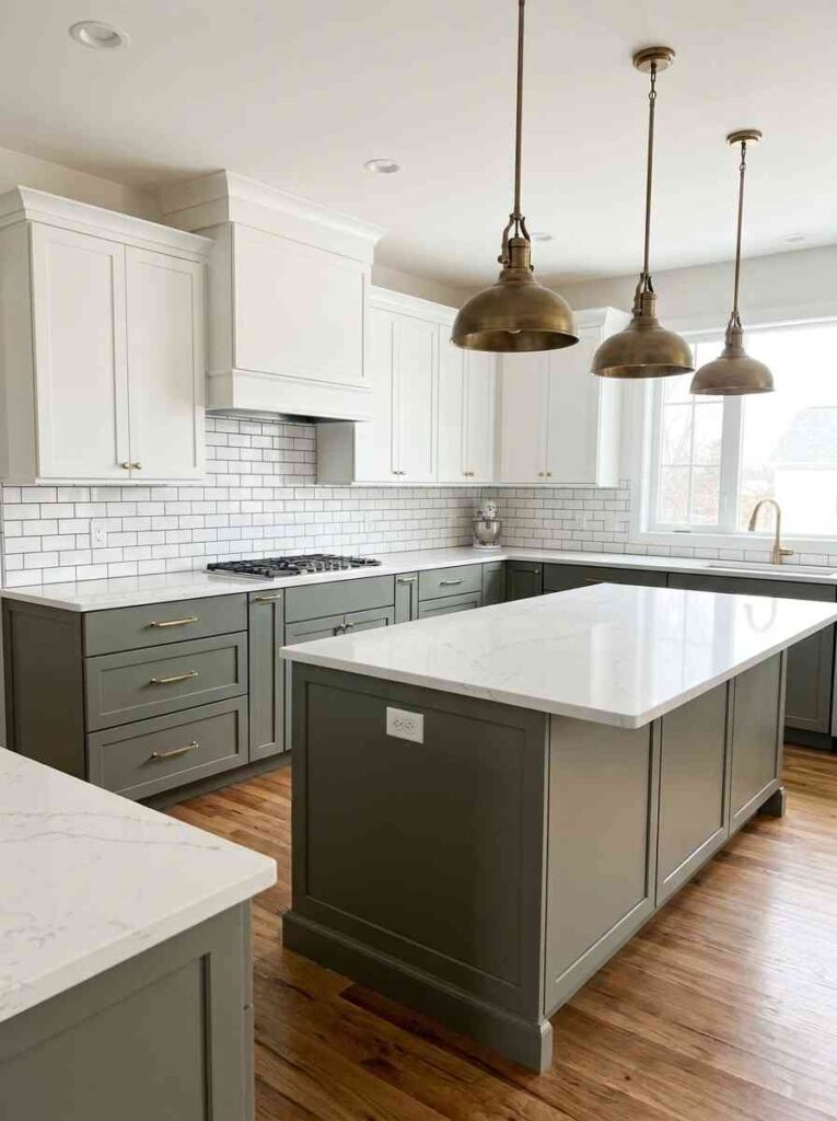 A modern kitchen with lower cabinets painted in Sherwin-Williams Pewter Green, upper cabinets in white
