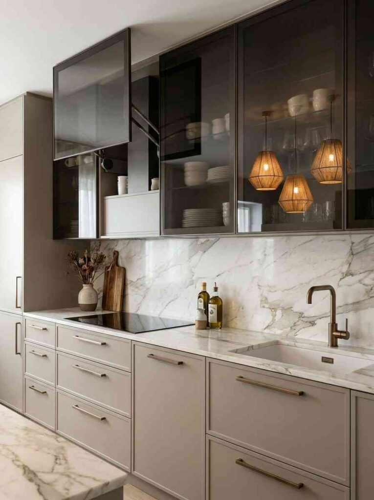 microcement wall luxury kitchen decor ideas walnut shelves
