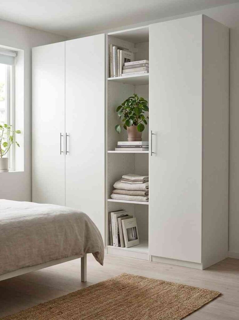 A modular bedroom wardrobe — two tall door sections flanking one open shelf section. 