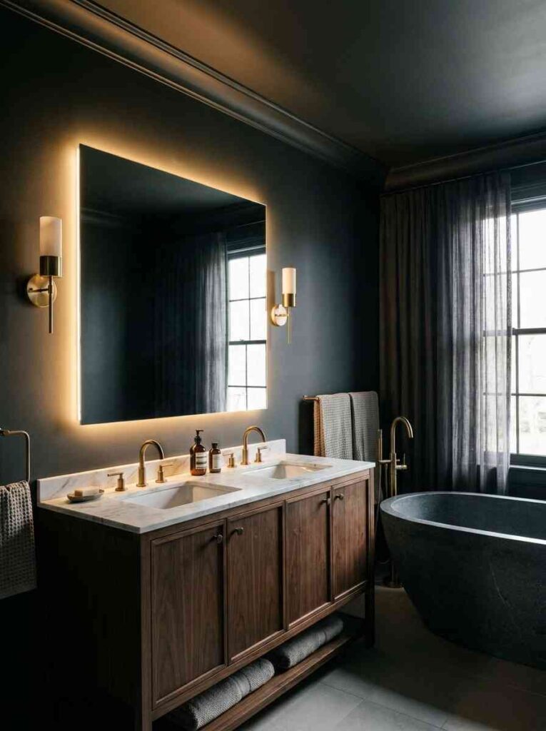 20 Bathroom Ideas 2026 A sophisticated moody bathroom with walls painted in a deep charcoal matte finish