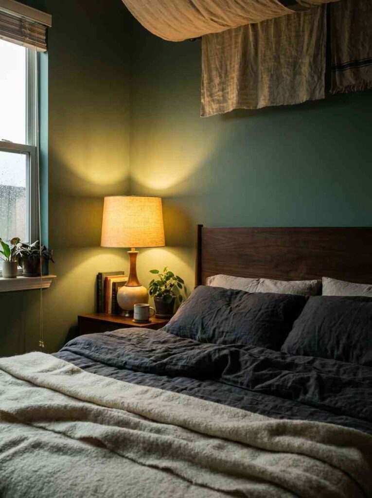 22 Bedroom Decorating Ideas 2026 Moody bedroom smoky jade green idea