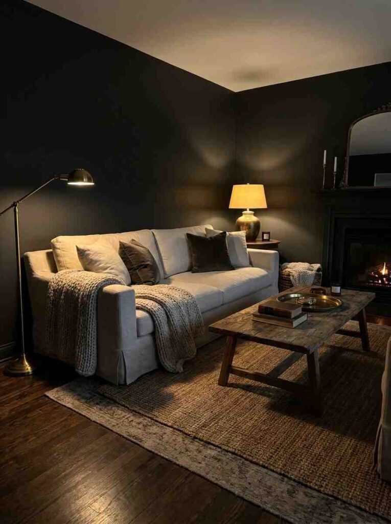 22 Living Room Ideas 2026 Moody dark living room in Sherwin-Williams Iron Ore