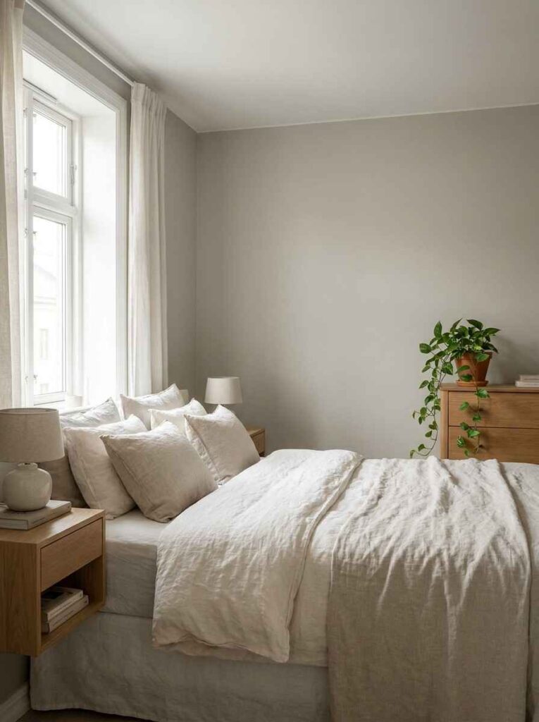 A serene neutral bedroom painted in a soft balanced neutral tone similar to Benjamin Moore Pashmina