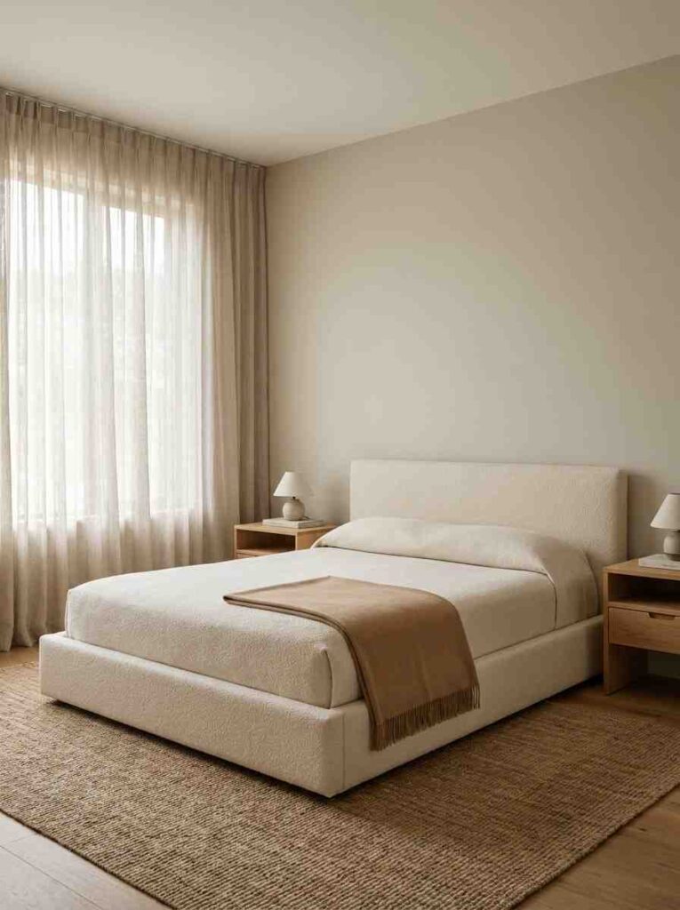  A quiet luxury neutral bedroom with a clean-lined upholstered queen bed in warm ivory fabric,