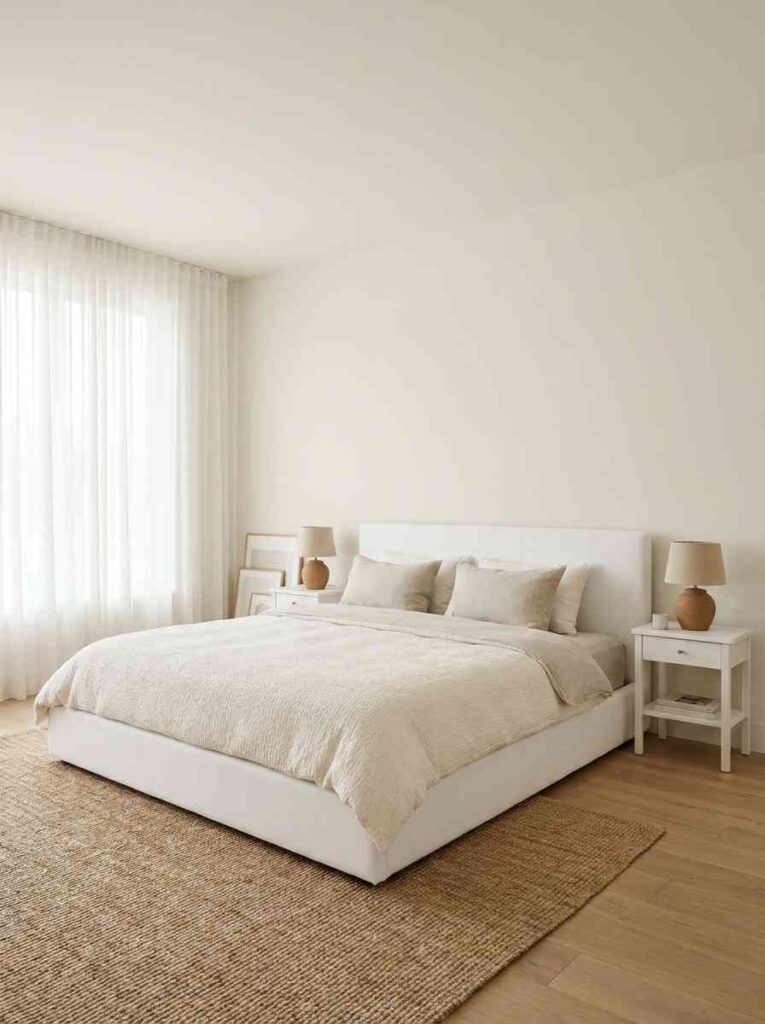 A bright airy neutral bedroom with Sherwin-Williams Alabaster SW 7008 walls