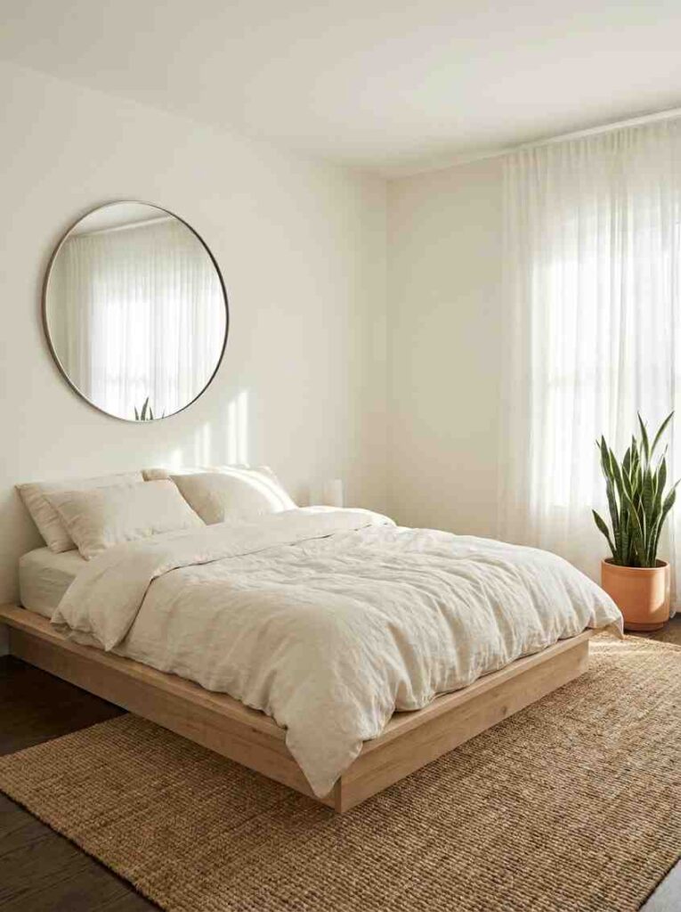 A small but beautifully styled neutral bedroom with Benjamin Moore White Dove walls,