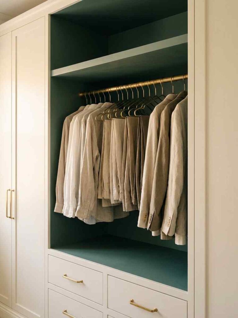 An open built-in wardrobe, exterior in soft warm white, interior walls and shelf undersides painted in deep smoky jade green