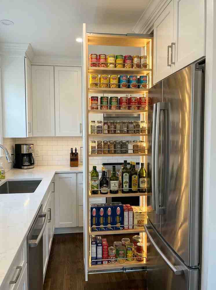  A narrow kitchen with a tall floor-to-ceiling pull-out pantry cabinet installed beside a full-size refrigerator,