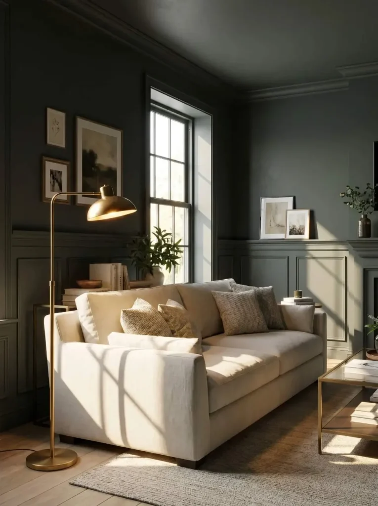 22 Living Room Ideas 2026 Color-drenched living room in Benjamin Moore Silhouette charcoal-green
