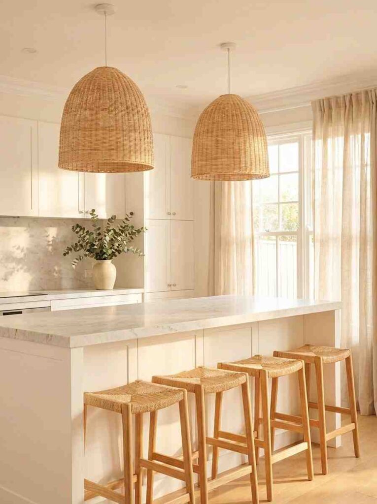Two large natural rattan woven pendant lights hanging above a white kitchen island