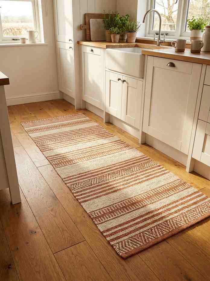 A cozy kitchen floor with a wide flatweave natural jute and cotton runner rug in cream and warm terracotta tones, 