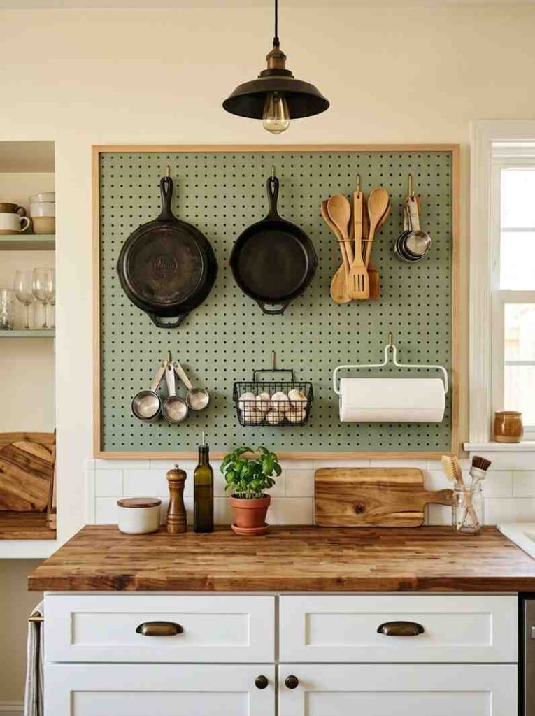 Sage green pegboard kitchen wall 202606291448
