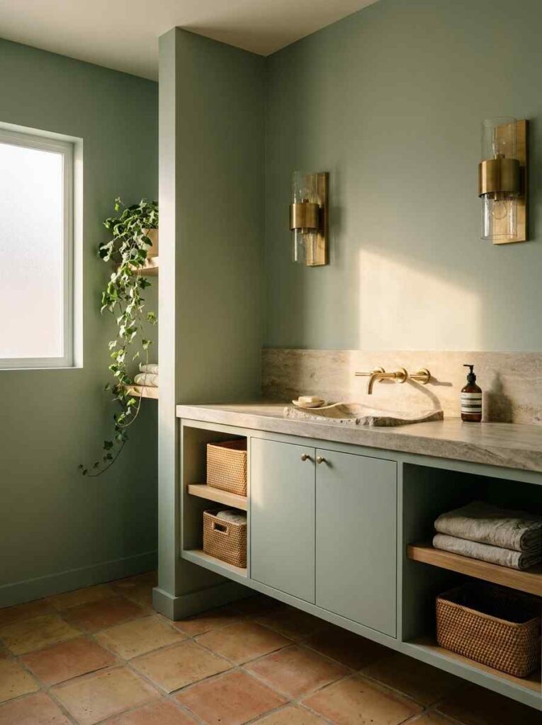 20 Bathroom Ideas 2026 A sage green spa bathroom with walls and floating vanity painted in a soft muted green reminiscent of Sherwin-Williams Stardew.