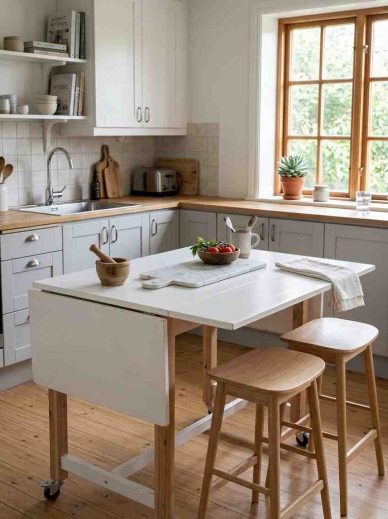  A small Scandinavian-style kitchen with a white drop-leaf table used as a movable kitchen island,