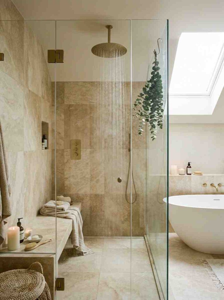20 Bathroom Ideas 2026 A luxurious spa-style bathroom shower enclosure with floor-to-ceiling natural stone tiles in warm beige and ivory.