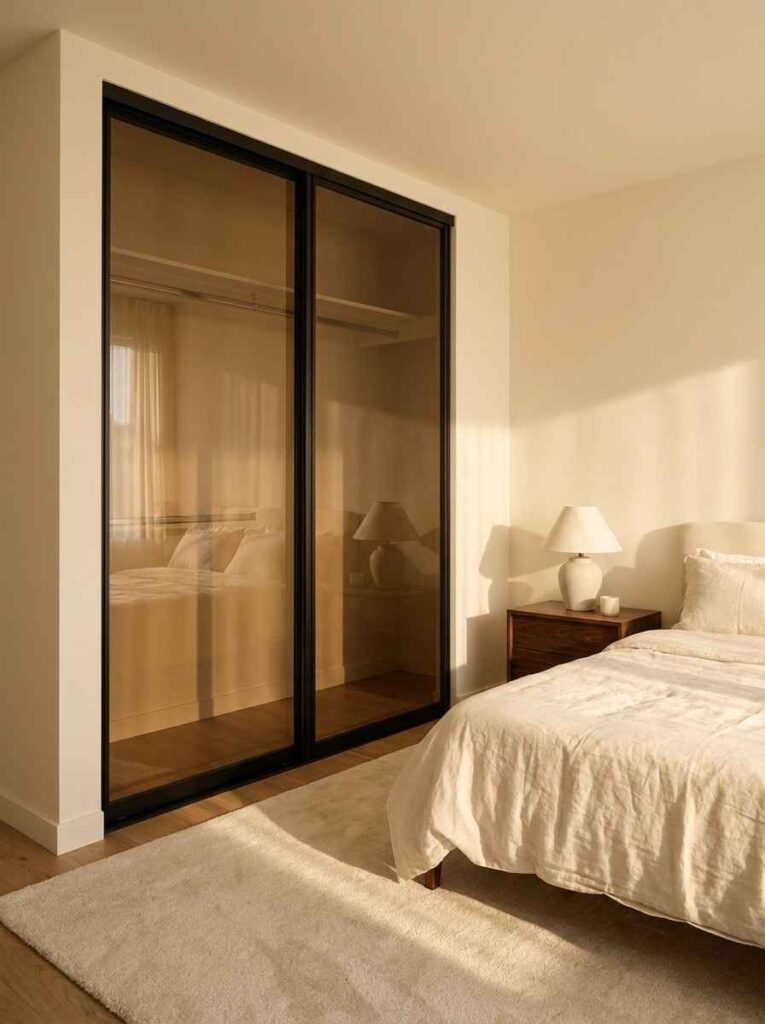 A modern sliding wardrobe for bedroom — two large panels in bronze-tinted glass set in matte black aluminum frames. 