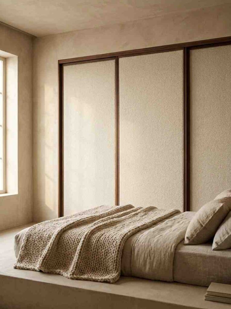 A sliding wardrobe with boucle fabric center panels in warm oatmeal cream. 