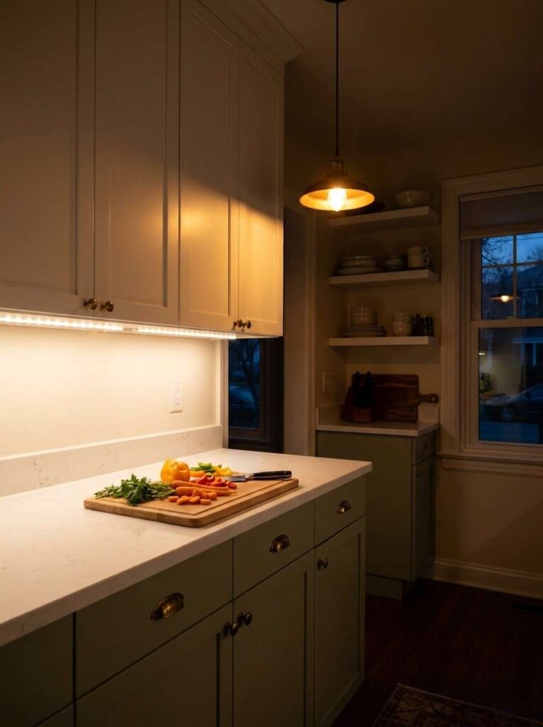 Small kitchen warm glowing lights 202606291440