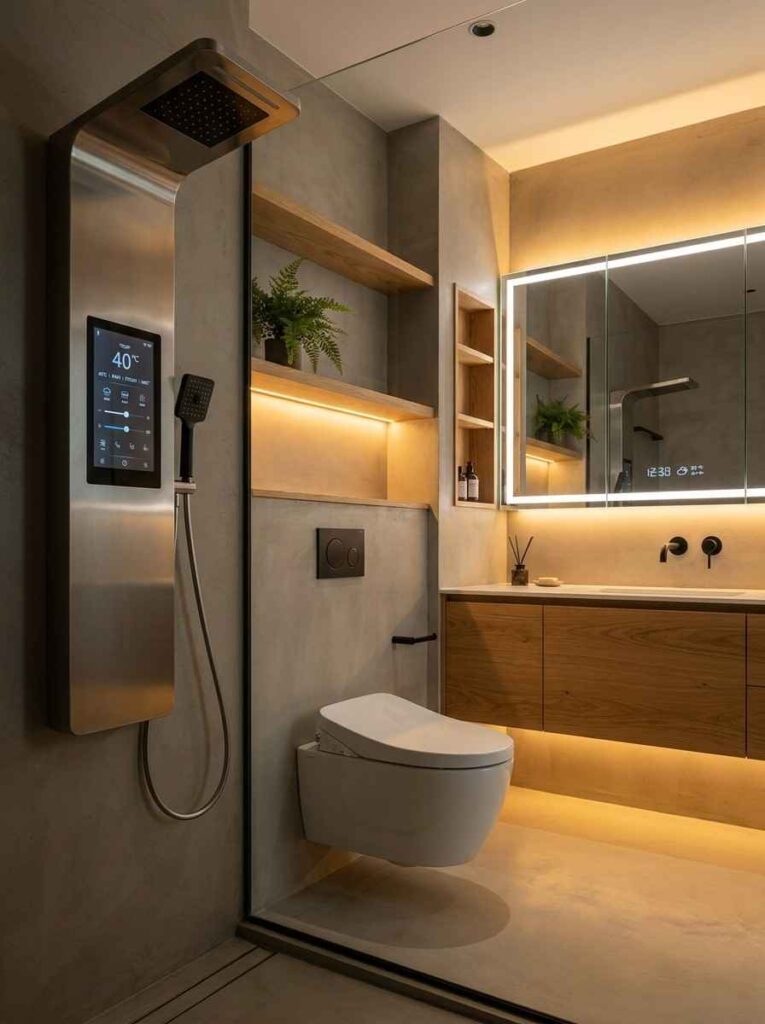 20 Bathroom Ideas 2026 A sleek modern smart bathroom with a wall-mounted touch-screen shower control panel
