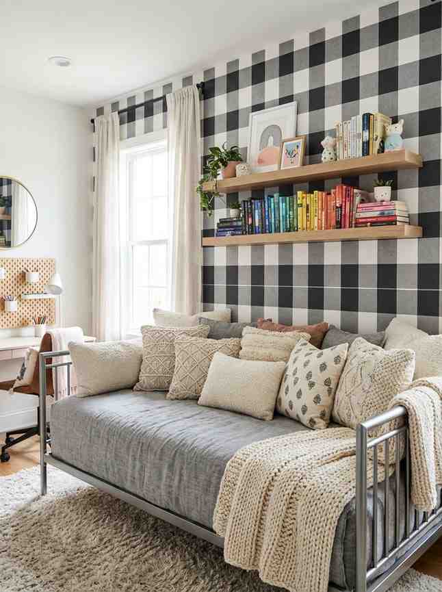 Teen girls bedroom checkered wall 202606271357