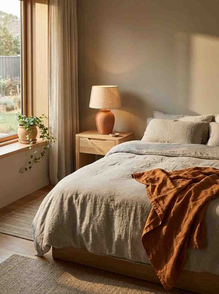  A warm neutral bedroom with a terracotta ceramic table lamp on a natural oak nightstand,
