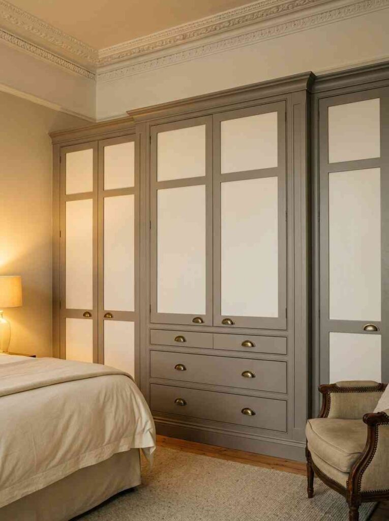 A classic two-tone shaker wardrobe in a master bedroom. Door frames in warm medium grey, panels in softer ivory white