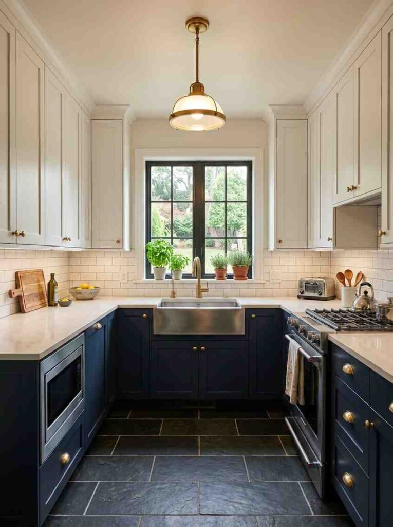 A compact U-shaped kitchen with deep navy blue Shaker lower cabinets and crisp white upper cabinets on three walls