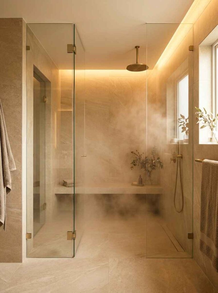 20 Bathroom Ideas 2026 An elegant walk-in shower with frameless glass panels on two sides, fully enclosed with a recessed glass door.