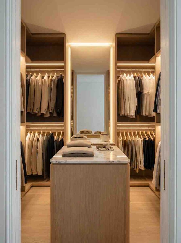 A small walk-in wardrobe with a central island topped in white marble. 