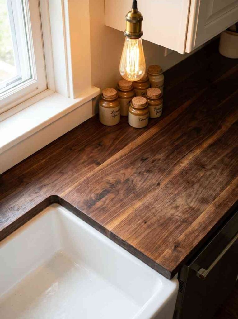 A kitchen counter detail showing a rich dark walnut butcher block countertop