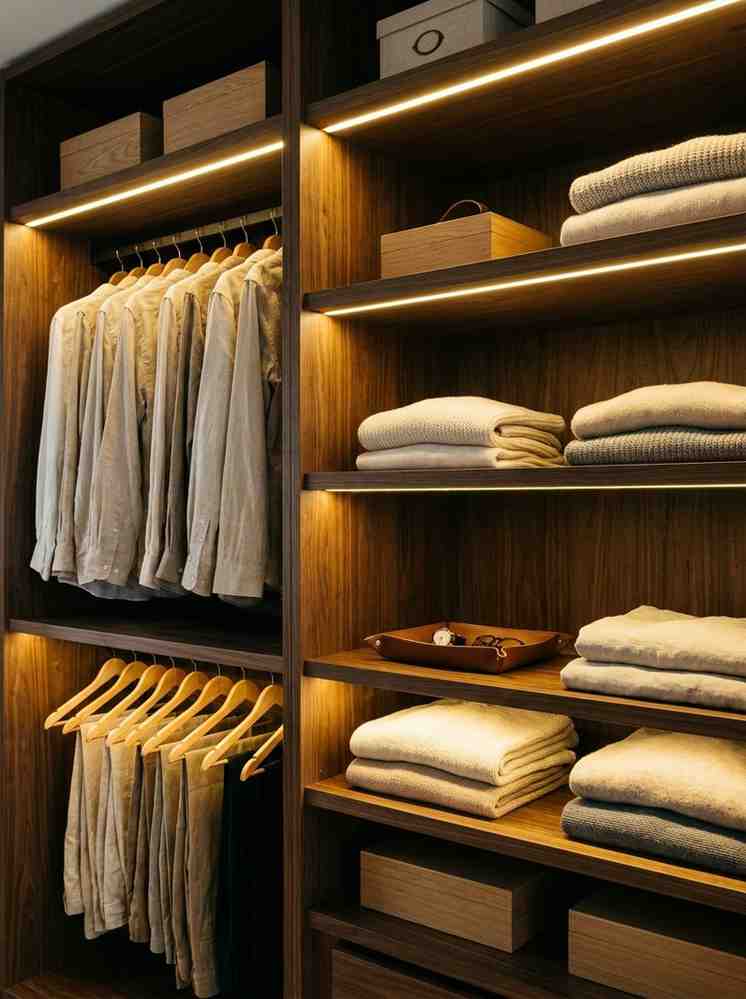 Inside a wardrobe — warm LED strip lighting along the front edge of each shelf. 