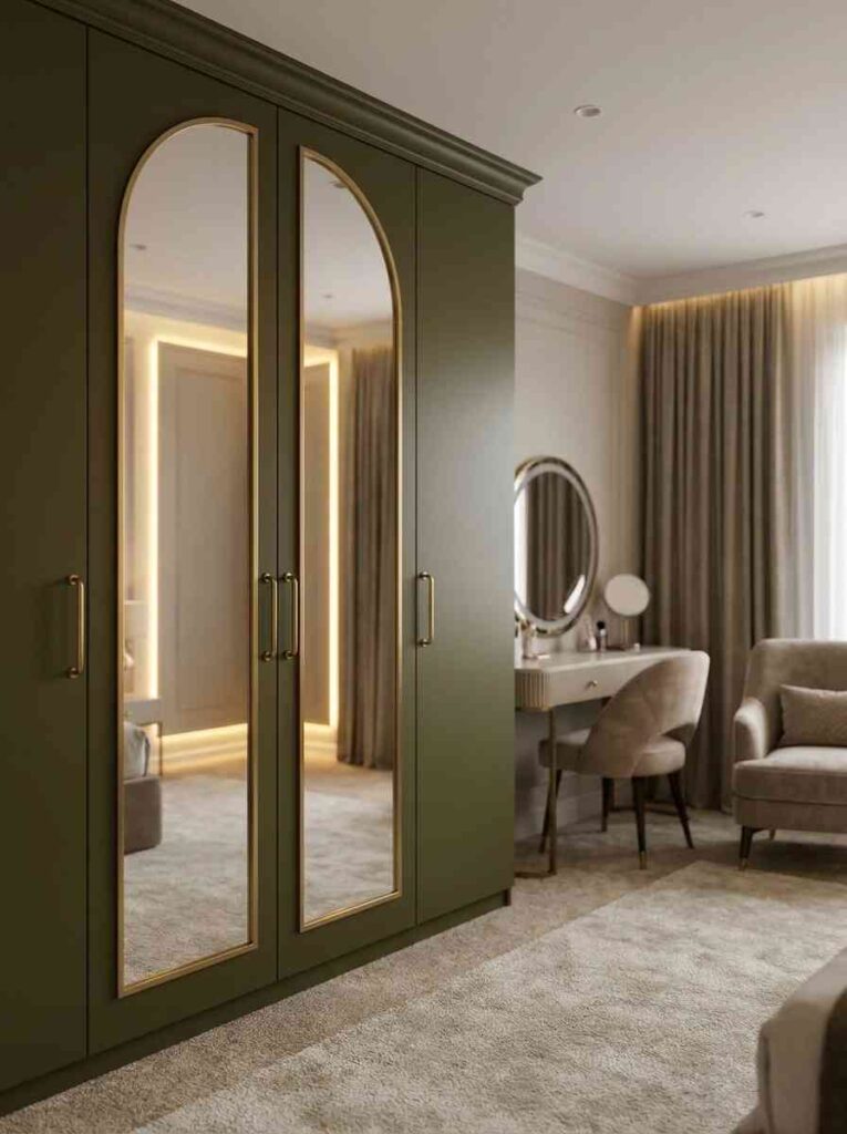 A two-door hinged wardrobe with arched mirror panels in satin brass frames. 