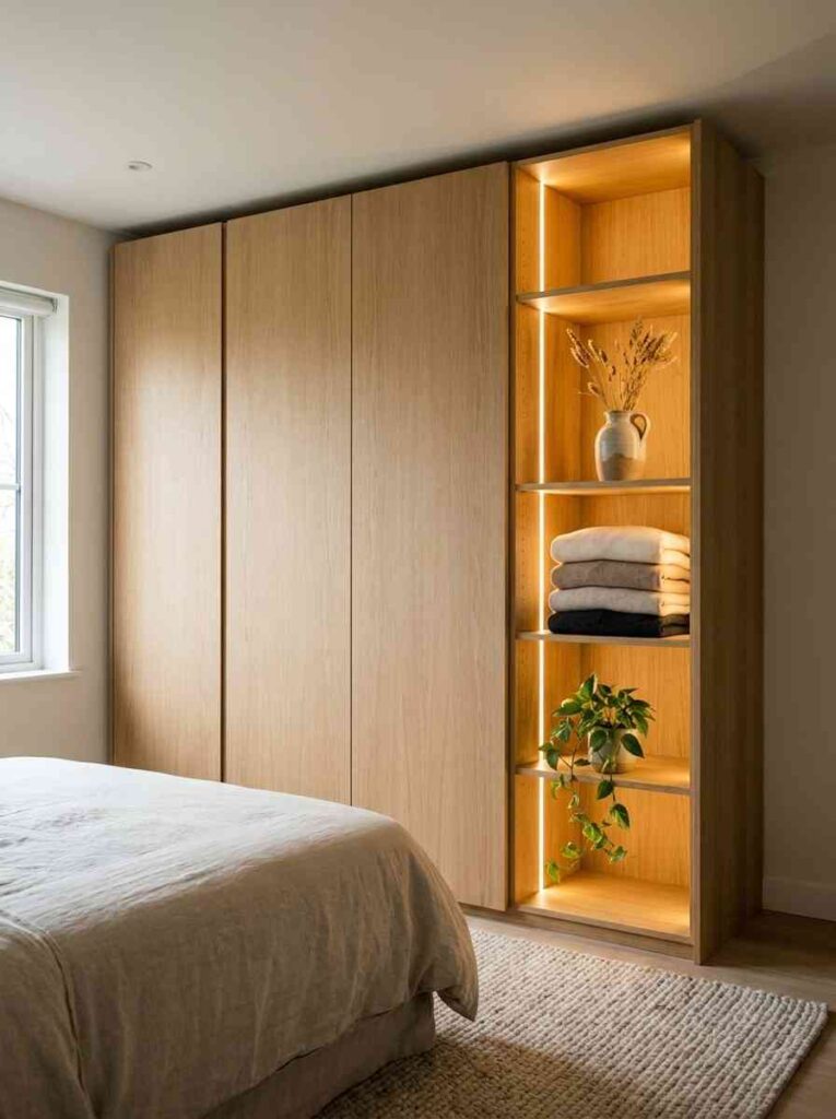 A modern bedroom wardrobe with three tall closed doors and one open-shelf section.