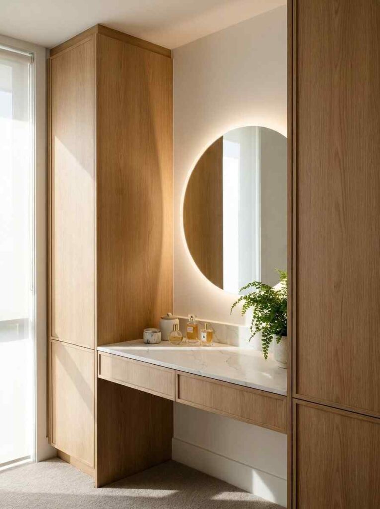 A built-in master bedroom wardrobe with dressing table integrated between two tall towers